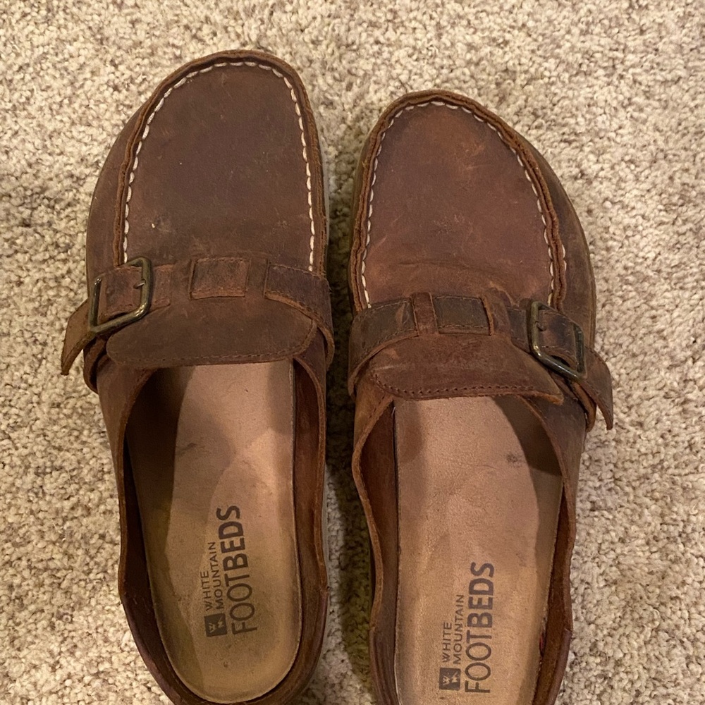 White Mountain Brown Suede Buckle Clog Mules